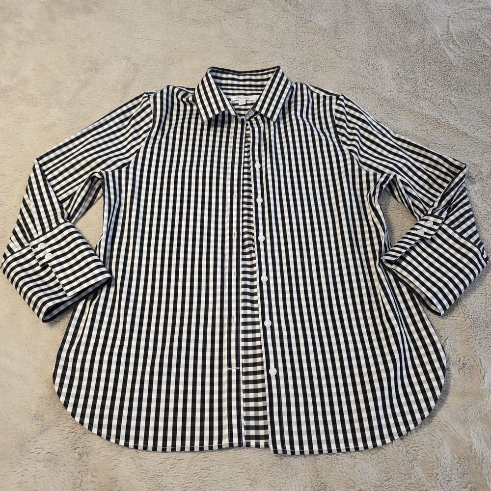 Chicos No Iron Button Up Black White Plaid Shirt Womens Size 1, 8 Workwear Layer